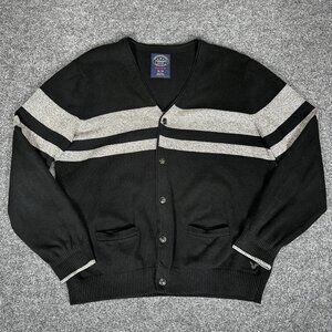 American Eagle Cardigan Sweater Mens XL Black Gray Striped Athletic V-Neck Adult